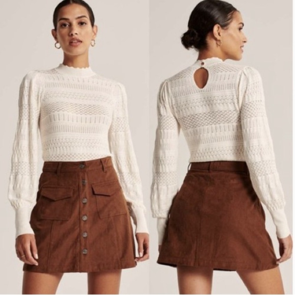 Abercrombie & Fitch Cream Knit Puff-Sleeve Sweater